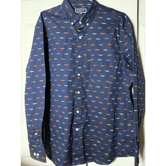 Club Room Men’s XL Long Sleeve Button Down Shirt Blue With Fish Print - Picture 2 of 7